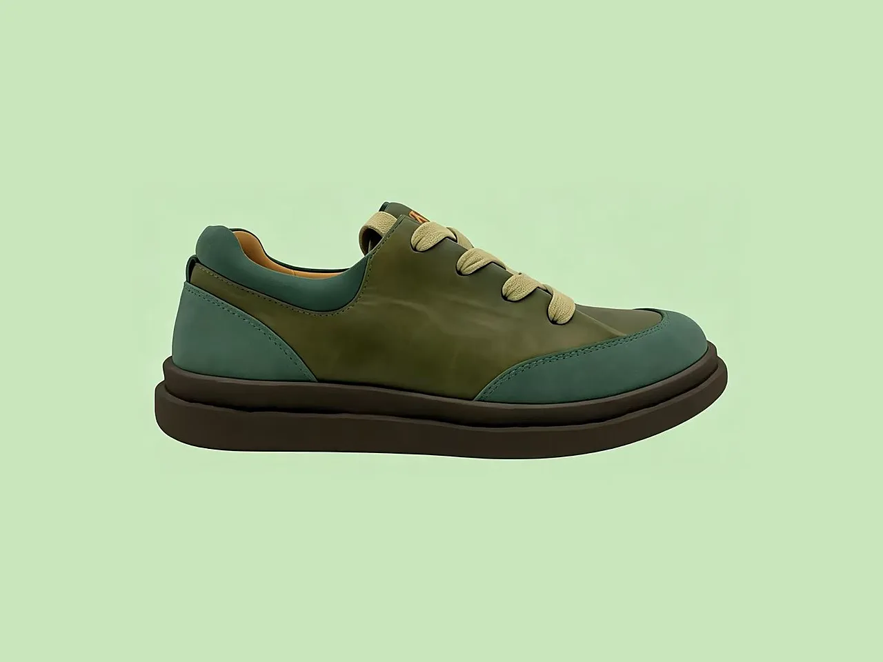 Olive and teal leather barefoot shoe with thick sole