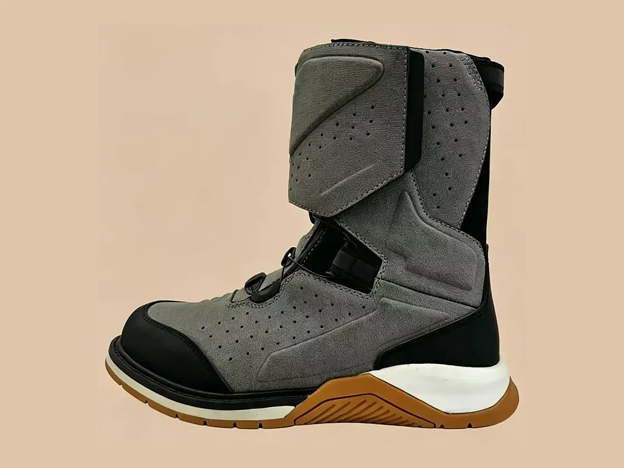 Grey motorcycle boot with buckle system