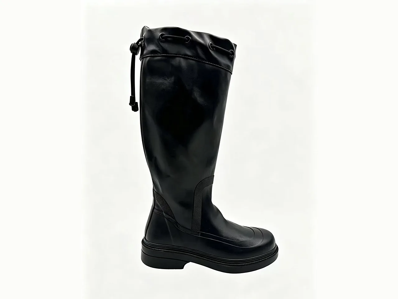 Black tall rubber rain boot with drawstring cuff