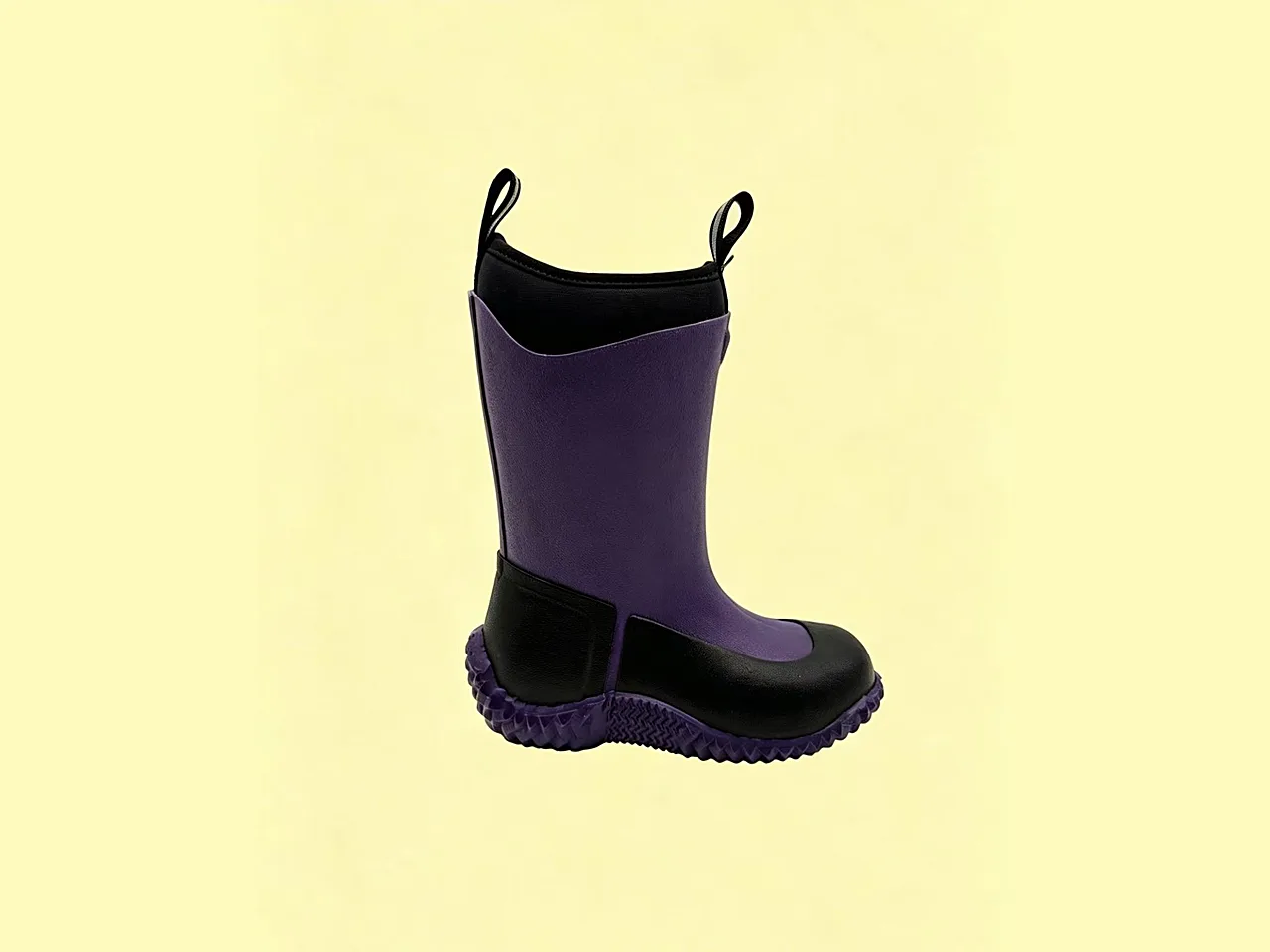 Purple and black neoprene rubber rain boot