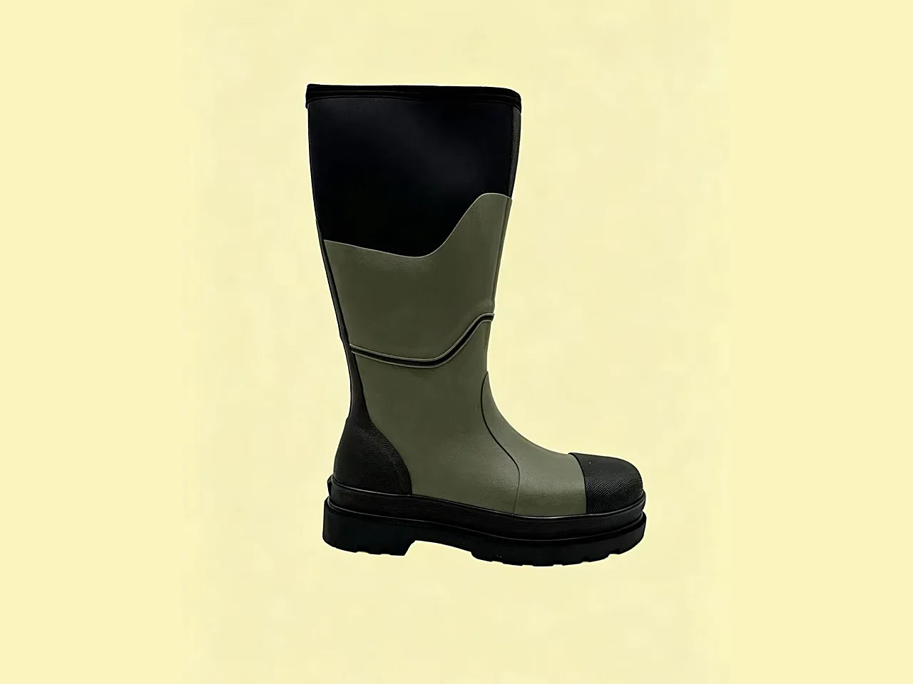 Olive and black neoprene rain boot with lug outsole