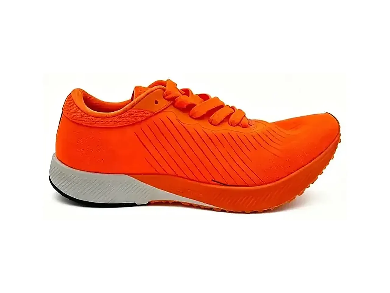 Orange running shoe with knit upper