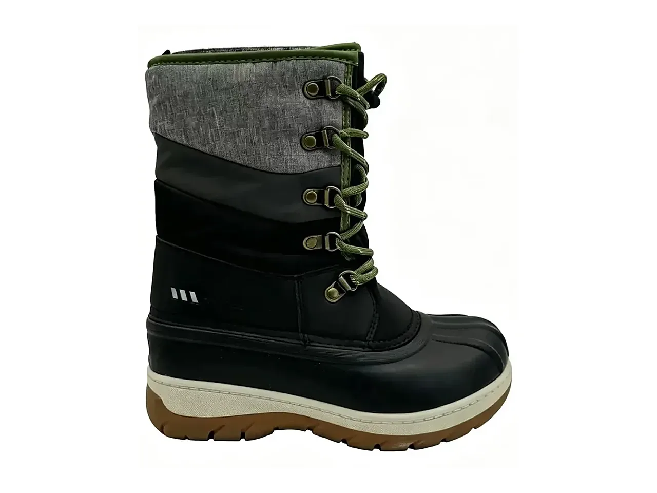 Grey and green snow boot with laces