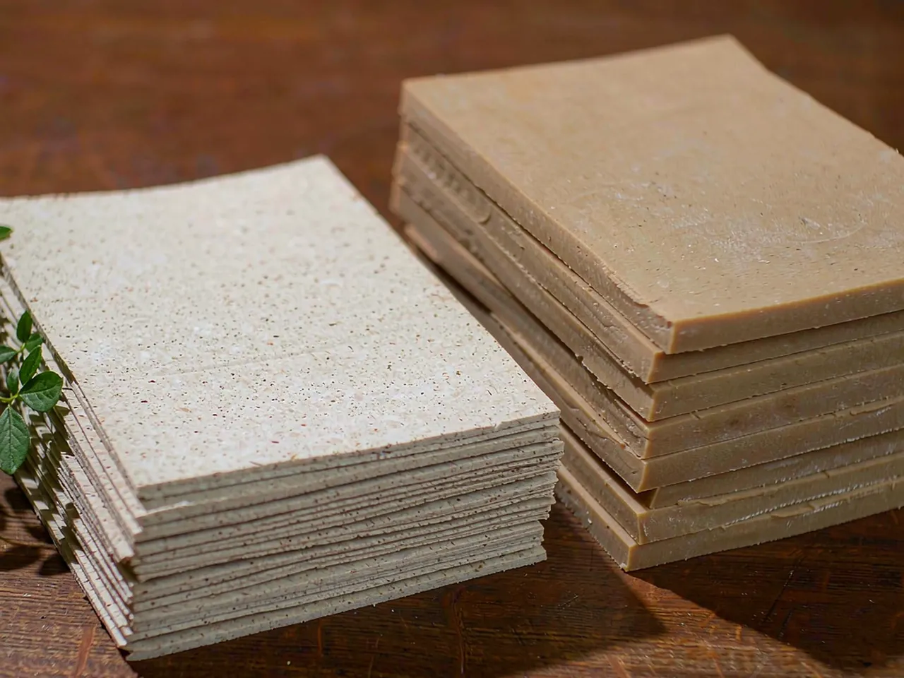 Stacked natural cork and rubber sheets